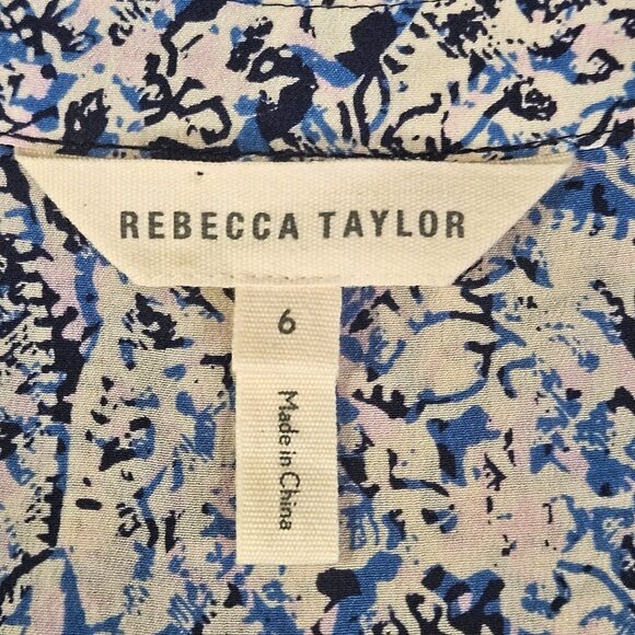 Rebecca Taylor Silk Blue Black Long Sleeve Blouse 6 Office Boho Chic Resortwear - Picture 4 of 12